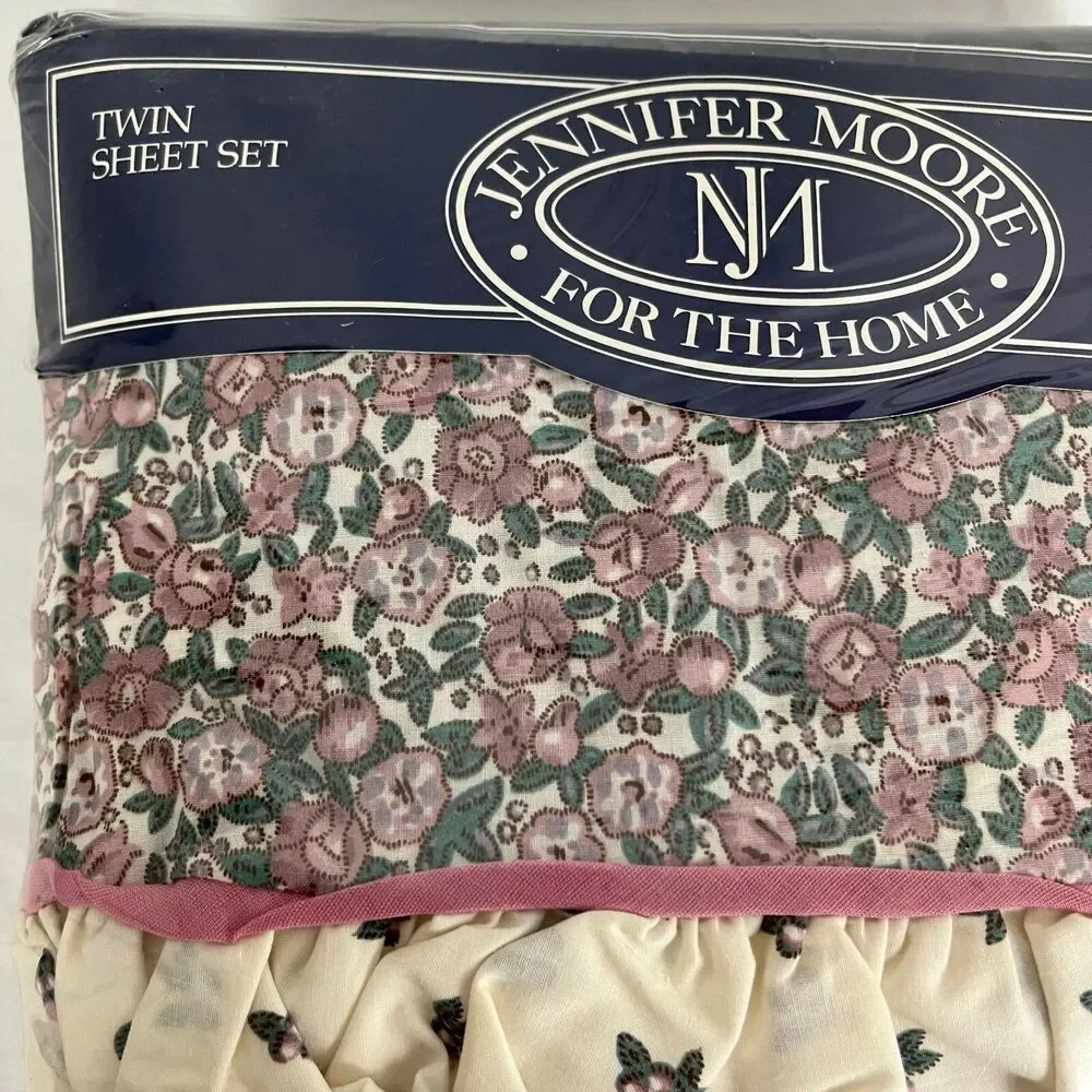 Twin Bedding Sheet Set Cottage Chic & Shabby Floral Pink Print w/Ruffles NIP VTG